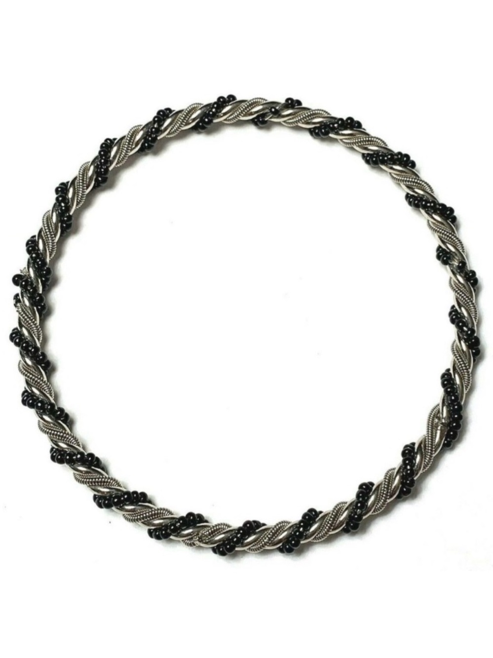 Twisted SLV Bangle Braided BLK Beaded Rope Chain Metal Bracelet 9"